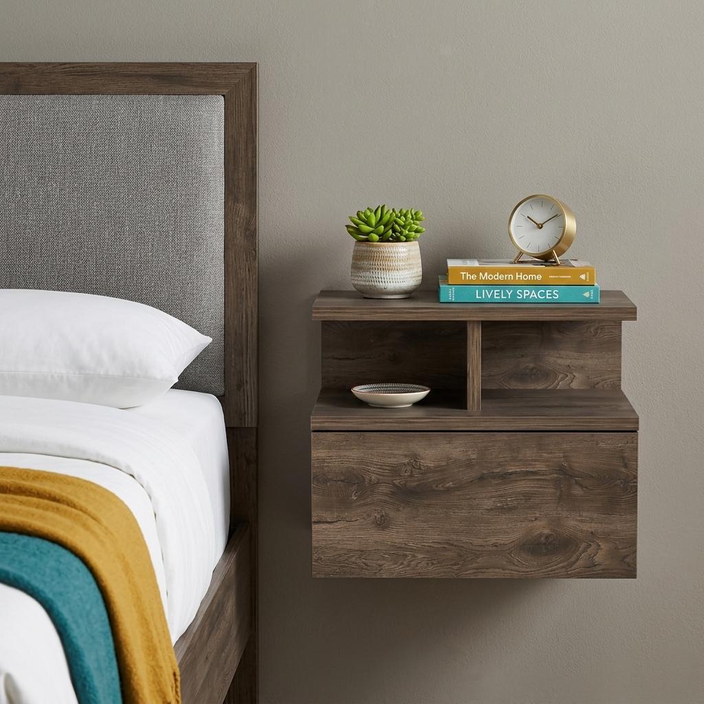 14" Brown Wood One Drawer Floating Nightstand