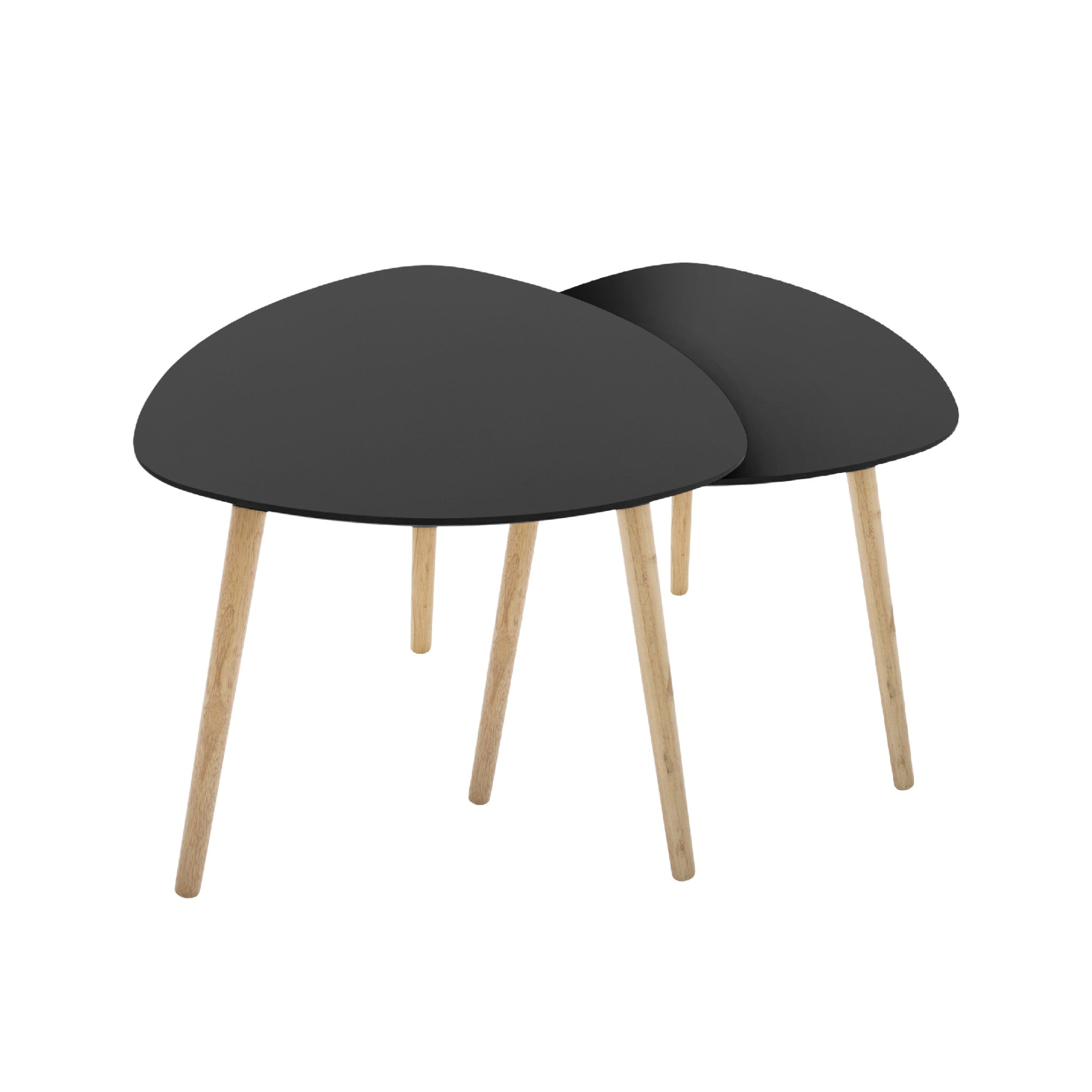 Set of Two Black and Natural Wood Triangular End Tables