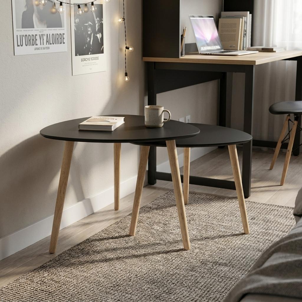 Set of Two Black and Natural Wood Triangular End Tables