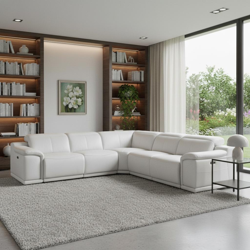 White Italian Leather Power Reclining L Shaped Five Piece Corner Sectional