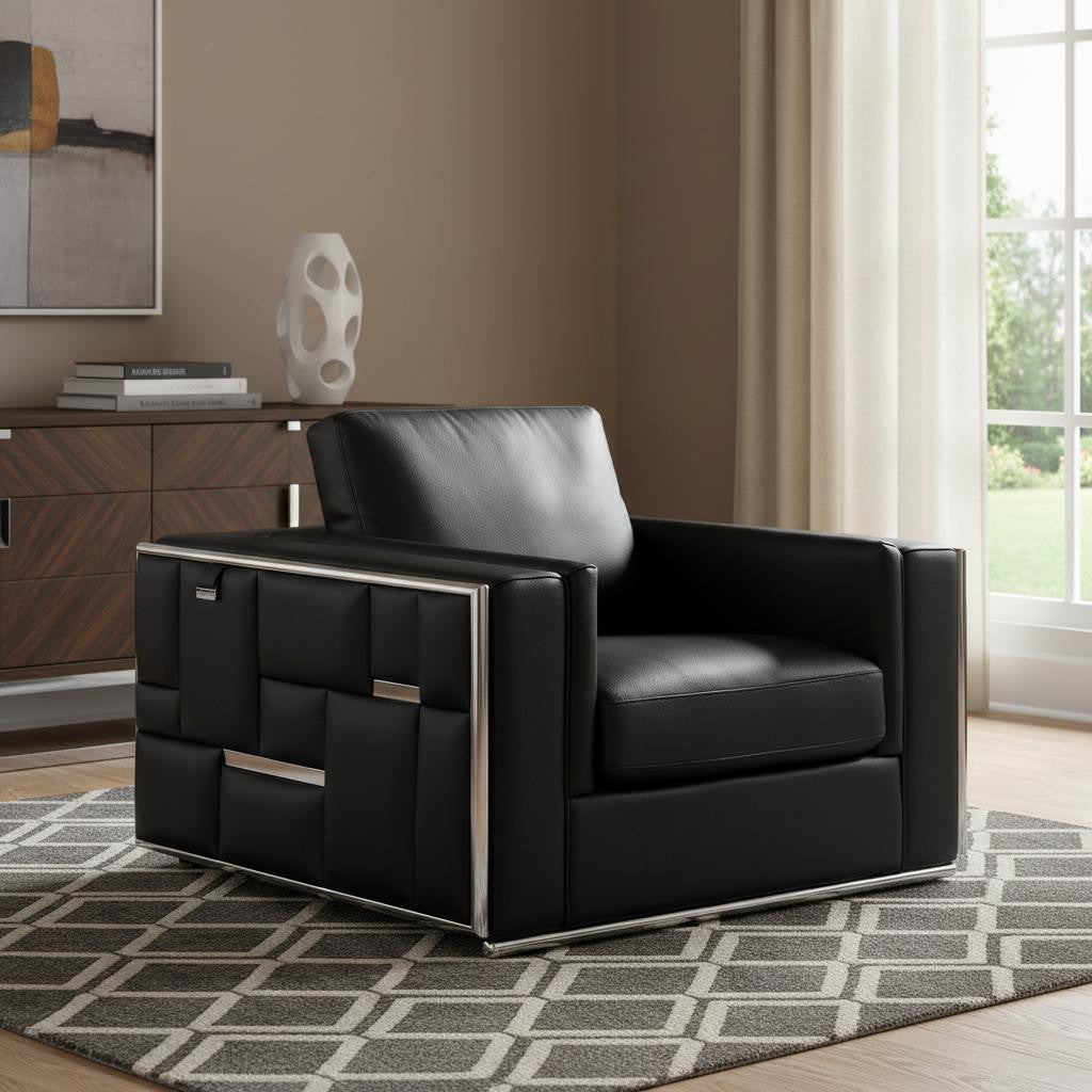 47" Black And Silver Top Grain Leather Club Chair