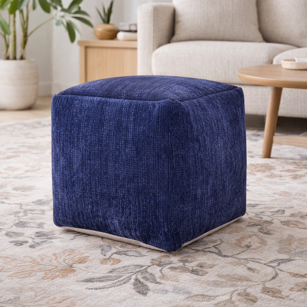 18" Blue Chenille Cube Pouf Ottoman