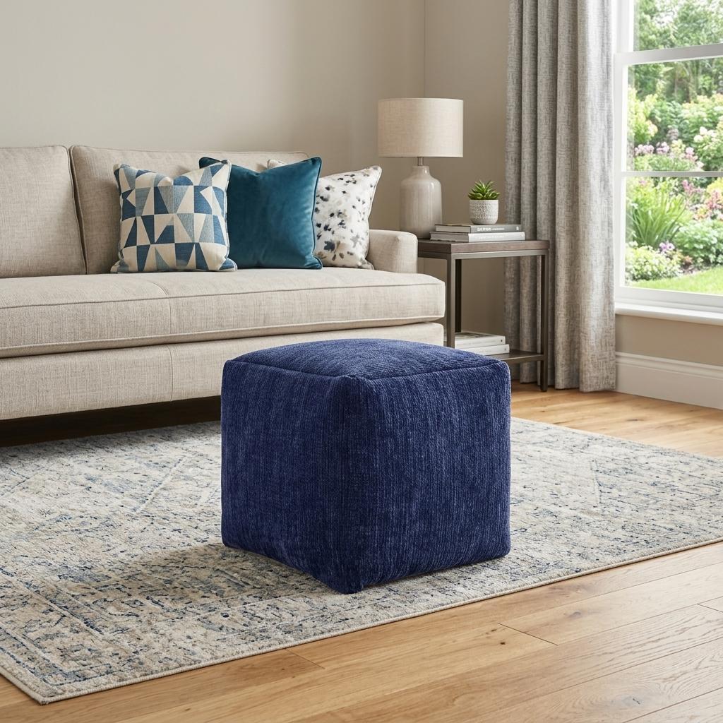 18" Blue Chenille Cube Pouf Ottoman
