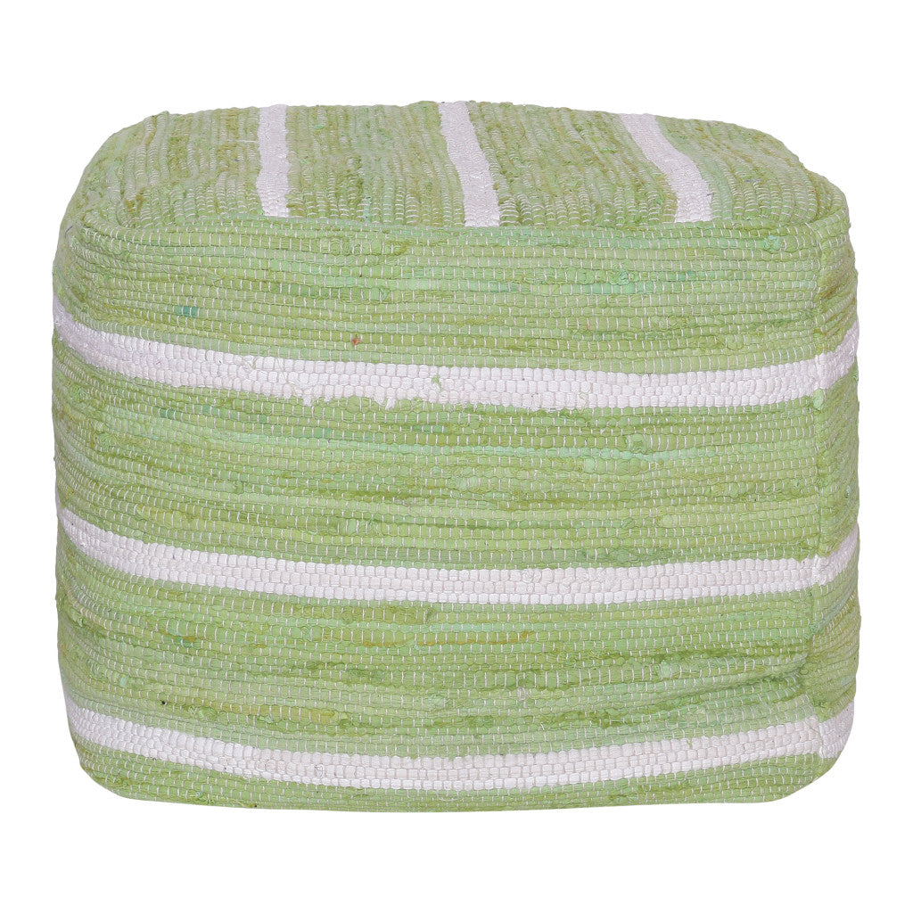 18" Green and White Cotton Striped Cube Pouf Ottoman