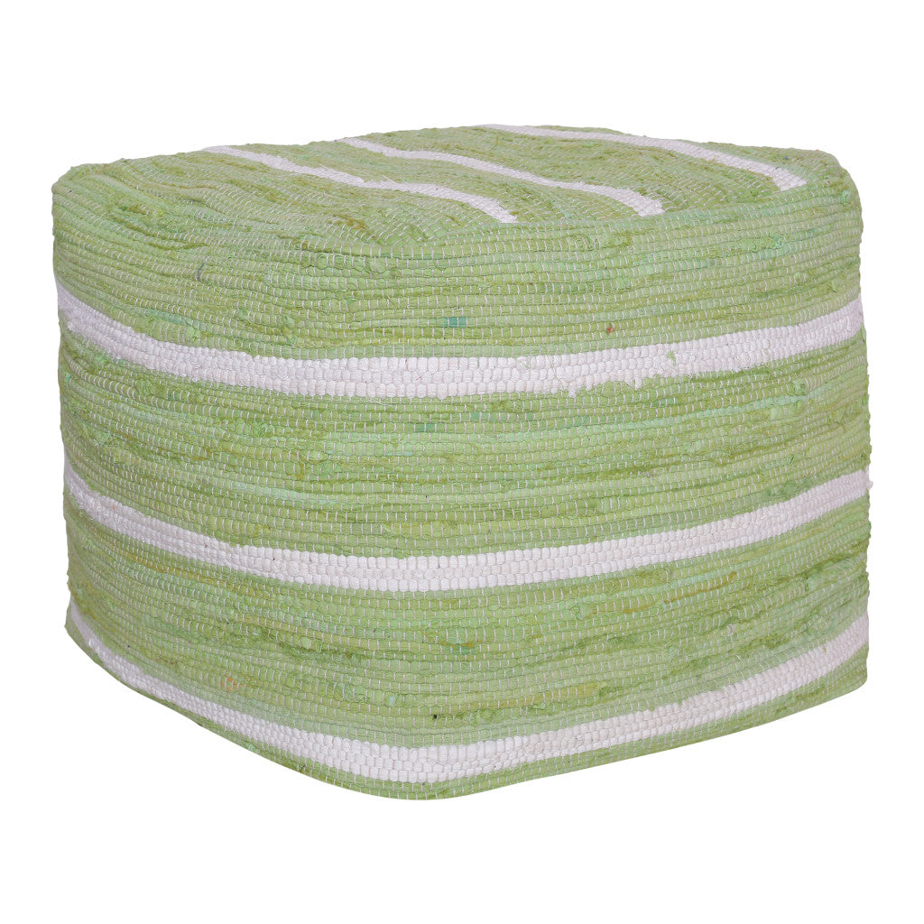 18" Green and White Cotton Striped Cube Pouf Ottoman
