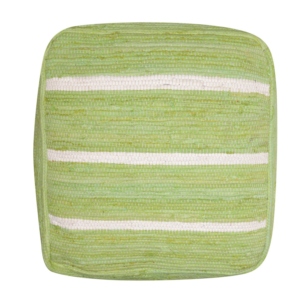 18" Green and White Cotton Striped Cube Pouf Ottoman