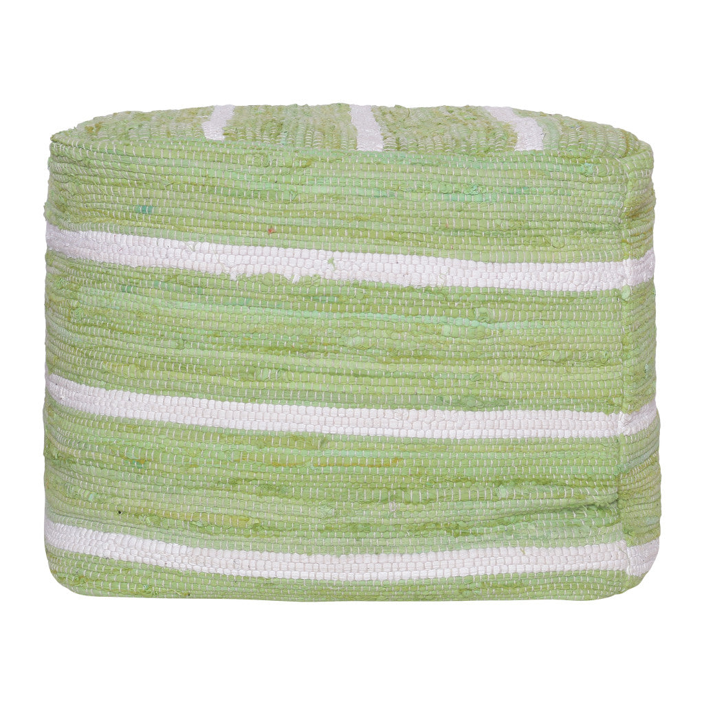 18" Green and White Cotton Striped Cube Pouf Ottoman