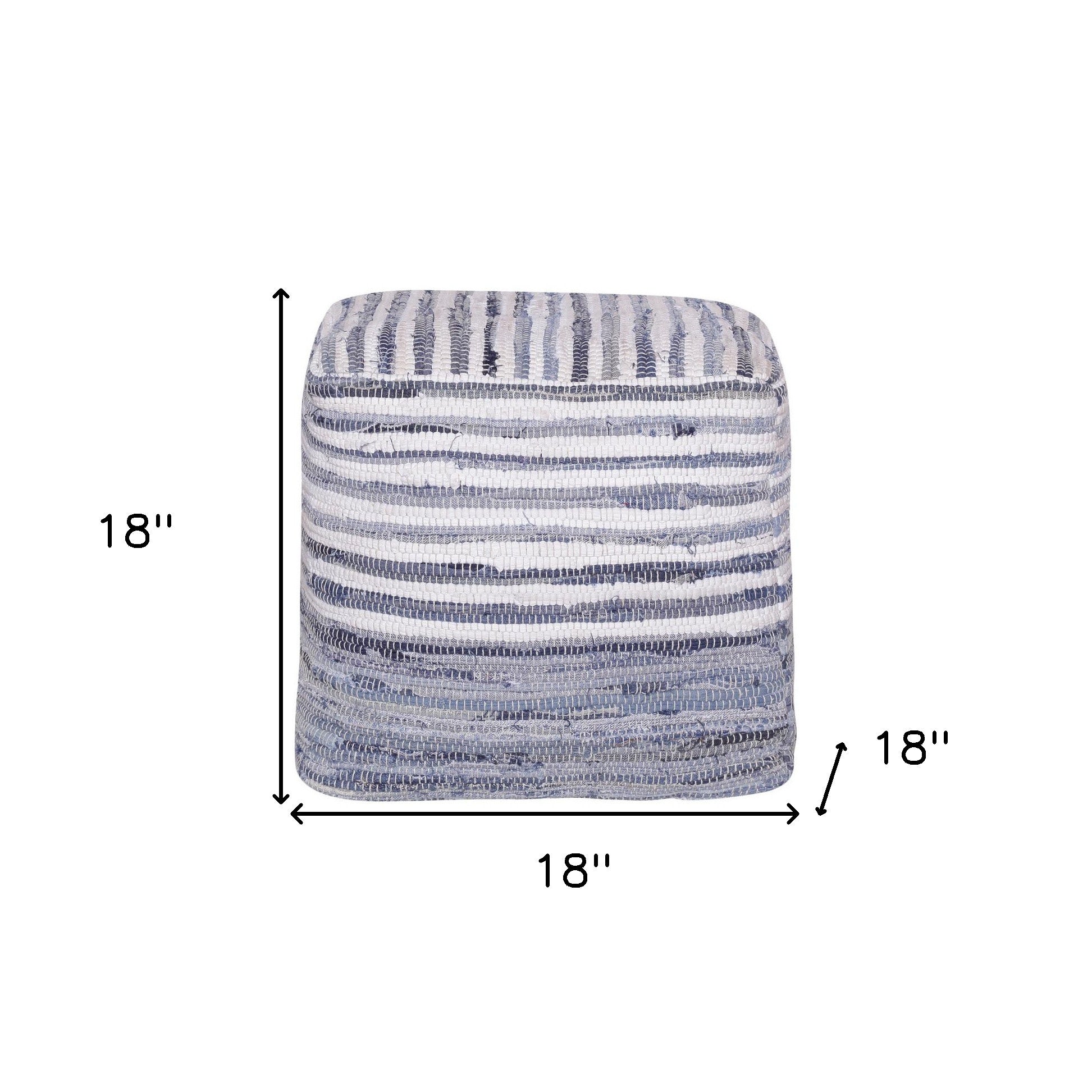 18" Blue and White Cotton Striped Cube Pouf Ottoman
