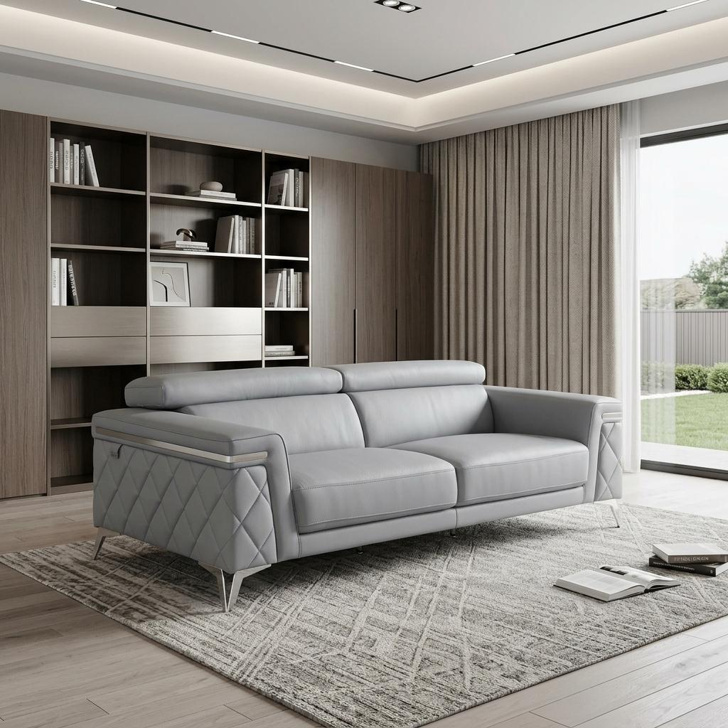89" Light Blue Italian Leather Sofa With Silver Legs
