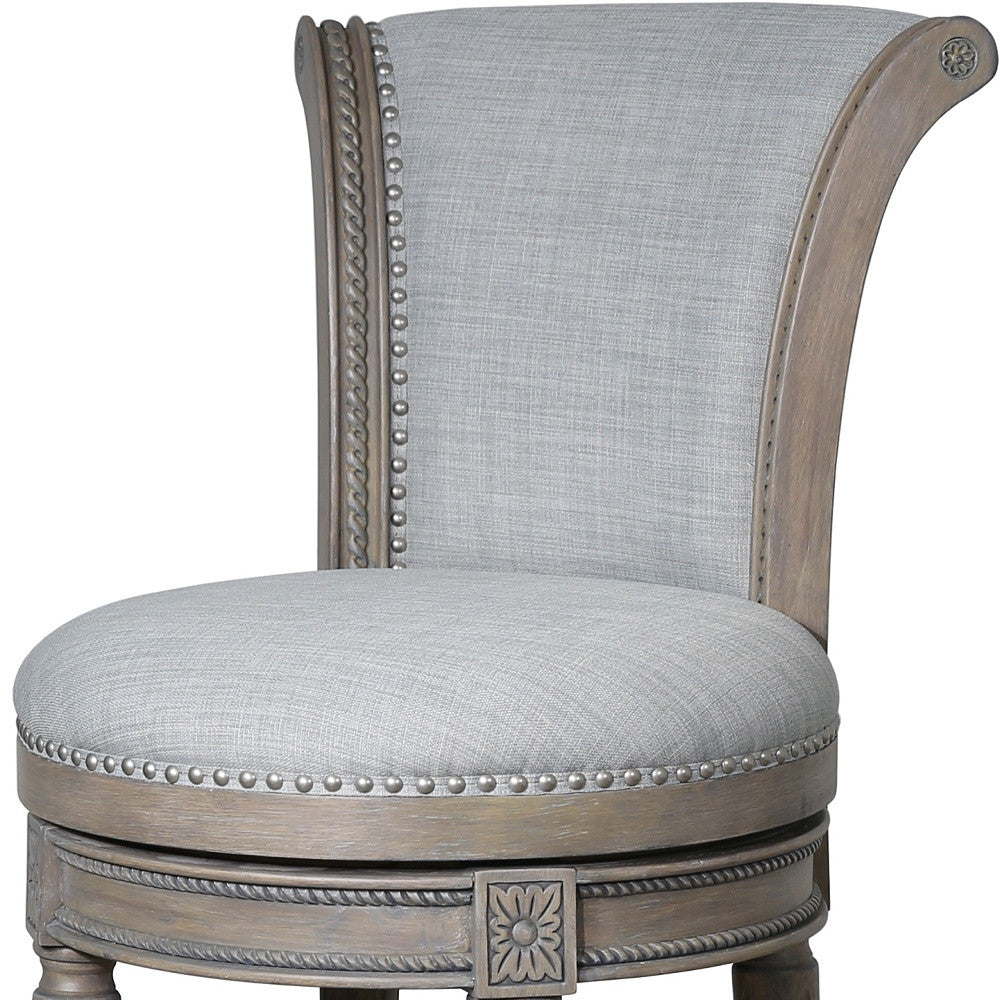 30" Gray Solid Wood and Linen Bar Height Swivel Bar Chair