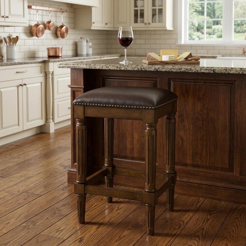 27" Brown And Dark Brown Solid Wood Backless Counter Height Bar Chair