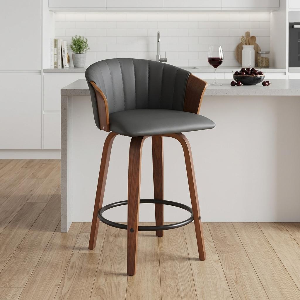 26" Gray and Wood Brown Faux Leather with Solid Wood Swivel Counter Height Bar Chair