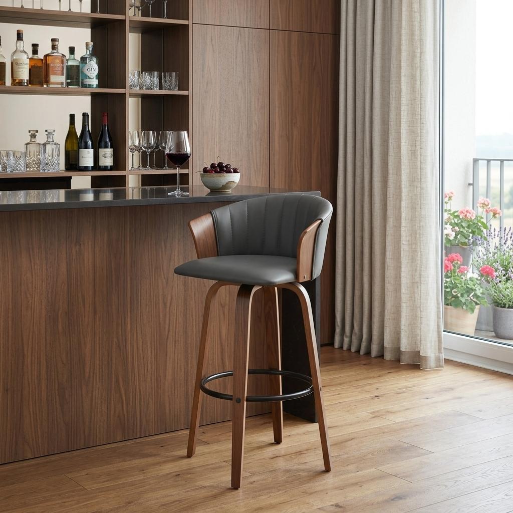 30" Gray And Wood Brown Faux Leather Swivel Bar Height Bar Chair