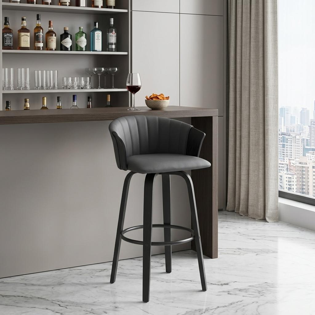 30" Gray And Black Faux Leather Swivel Bar Height Bar Chair