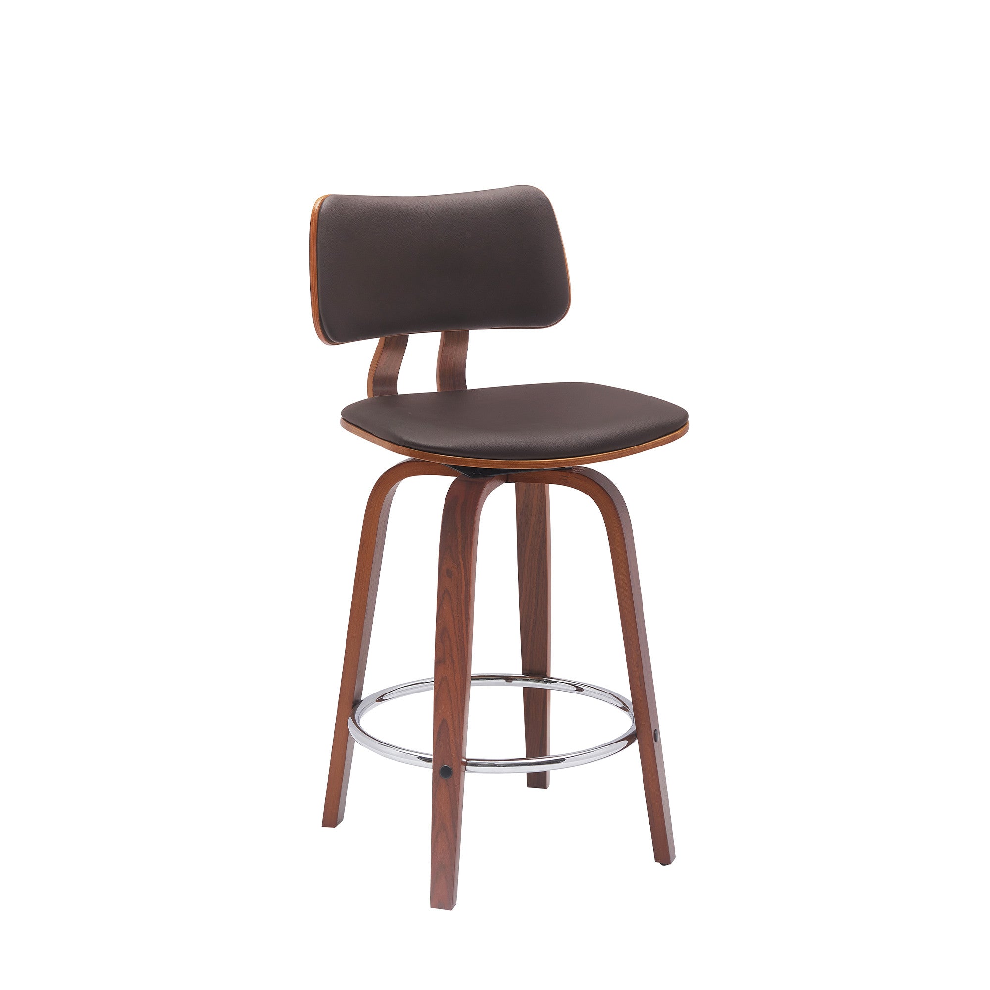 26" Brown And Wood Brown Faux Leather Swivel Low Back Counter Height Bar Chair