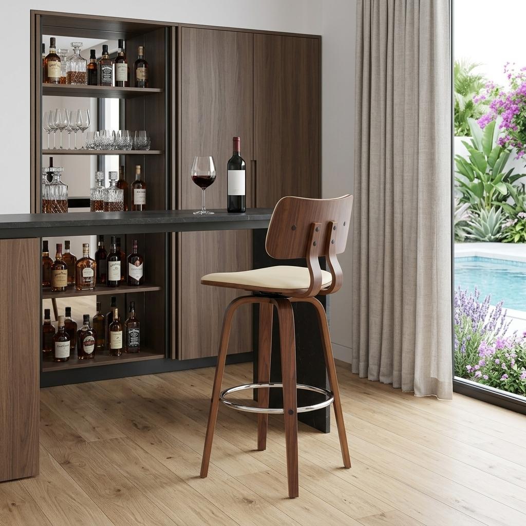 30" Cream And Wood Brown Faux Leather Swivel Low Back Bar Height Bar Chair