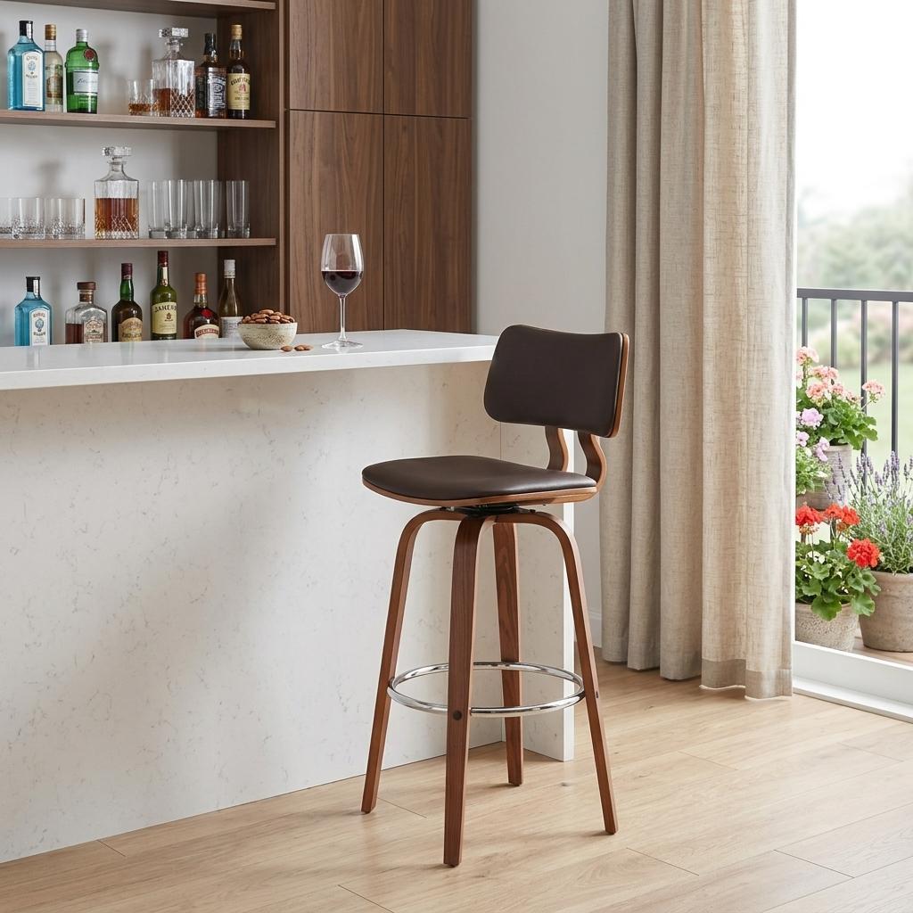 30" Brown And Wood Brown Faux Leather Swivel Low Back Bar Height Bar Chair