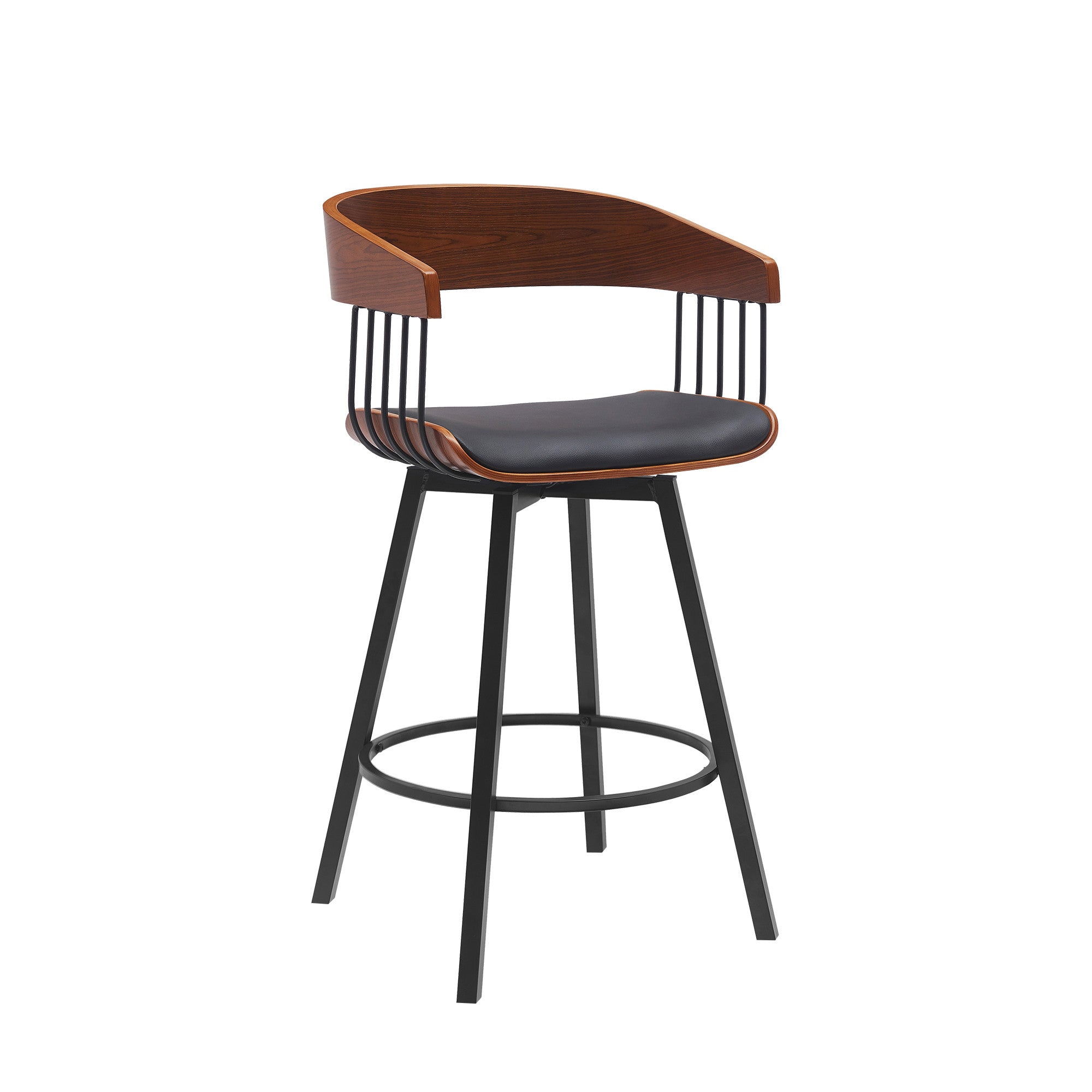 27" Black Faux Leather And Metal Swivel Low Back Counter Height Bar Chair