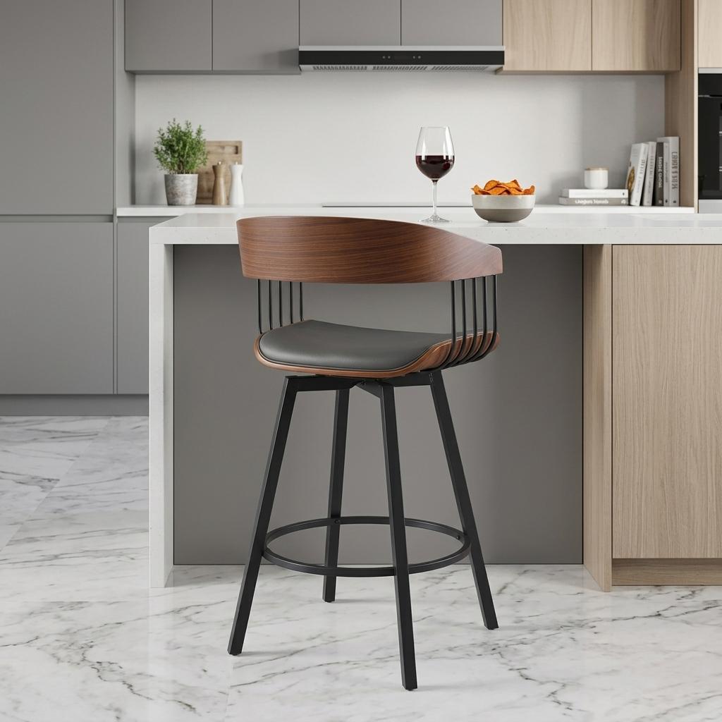 27" Gray and Black Faux Leather with Metal Swivel Counter Height Bar Chair
