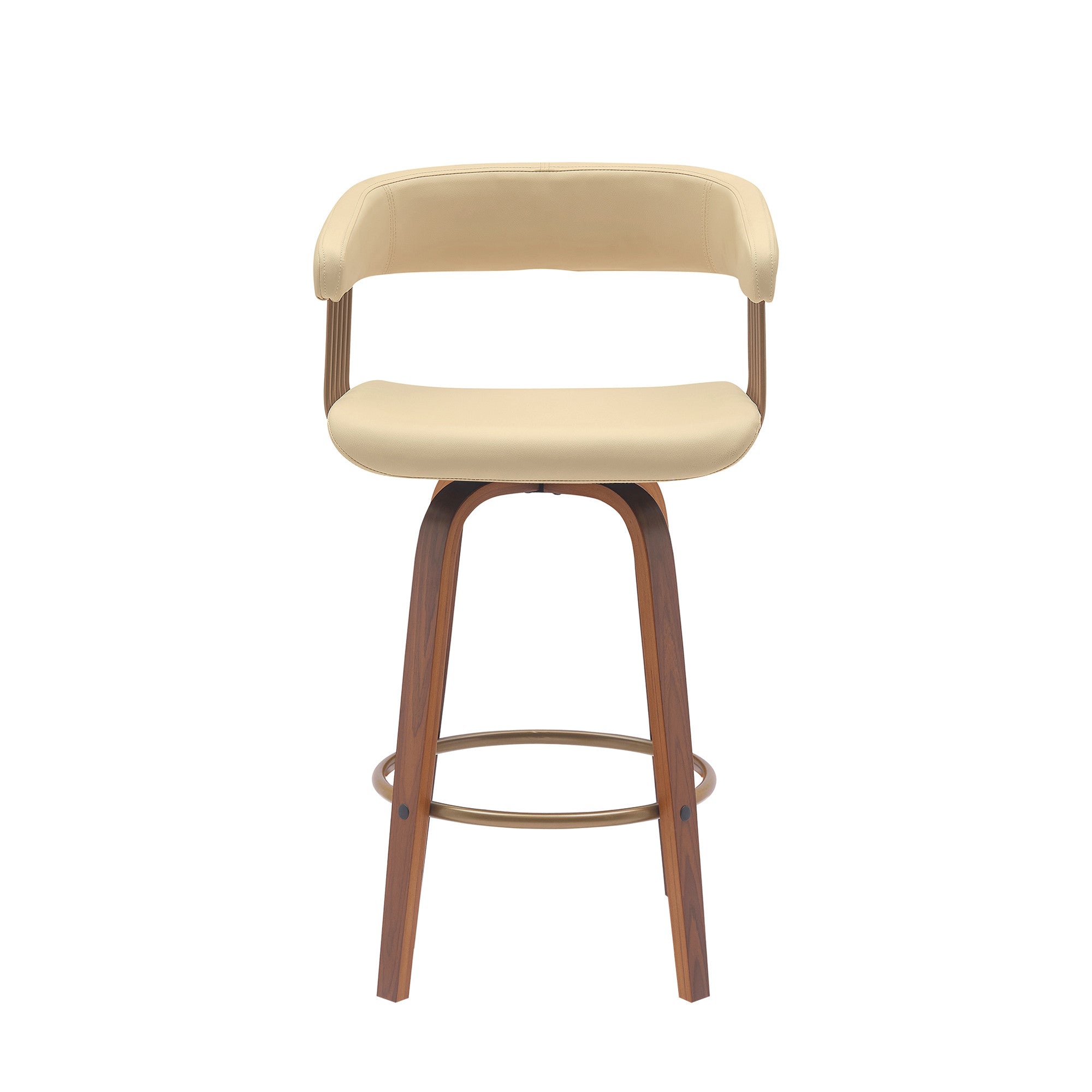 26" Cream And Wood Brown Faux Leather Swivel Counter Height Bar Chair