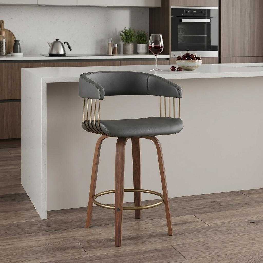 26" Gray And Wood Brown Faux Leather Swivel Counter Height Bar Chair