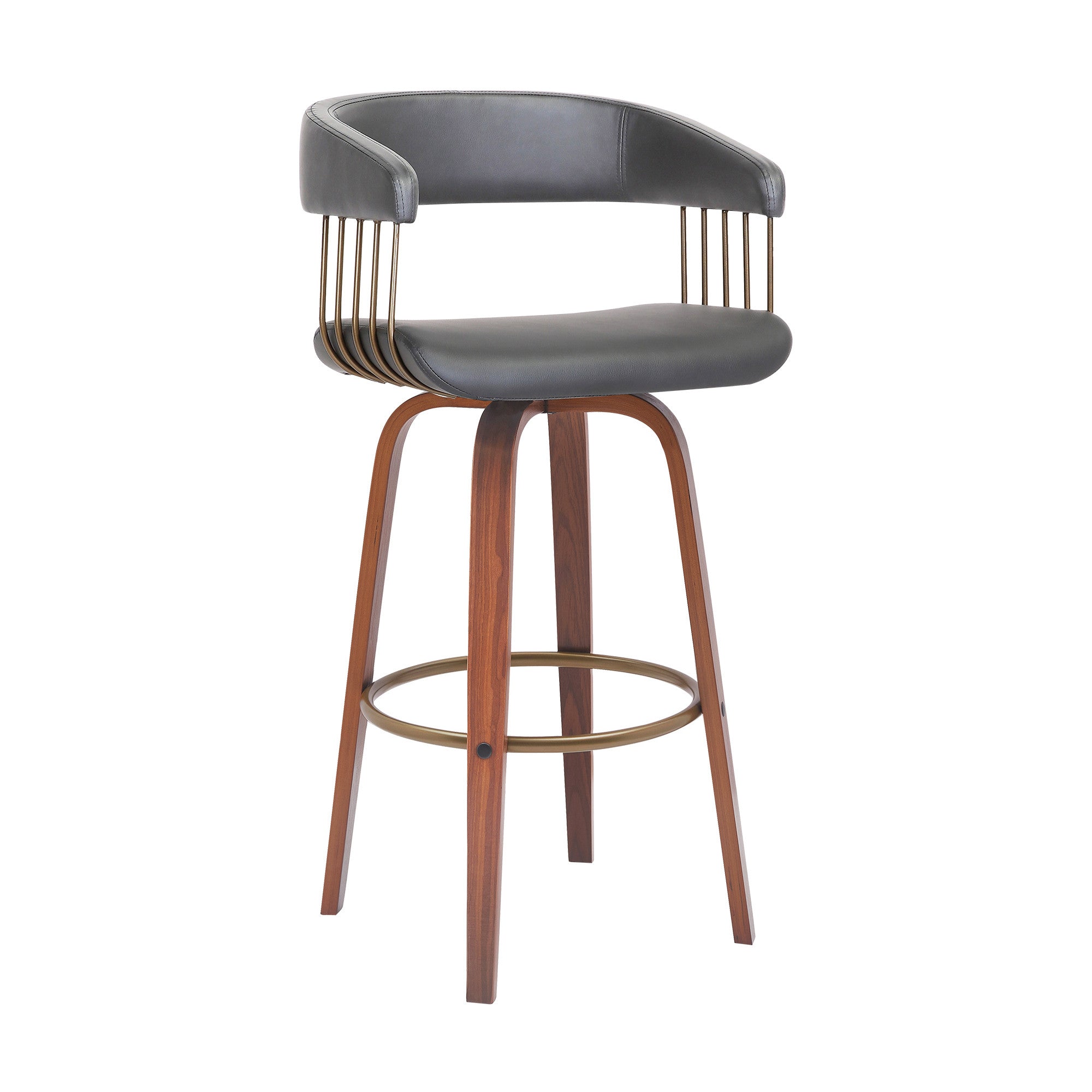31" Gray And Wood Brown Faux Leather Swivel Bar Height Bar Chair