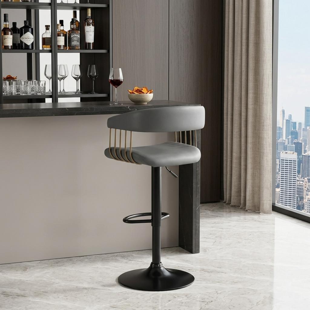 Gray and Black Faux Leather with Metal Swivel Adjustable Height Bar Chair