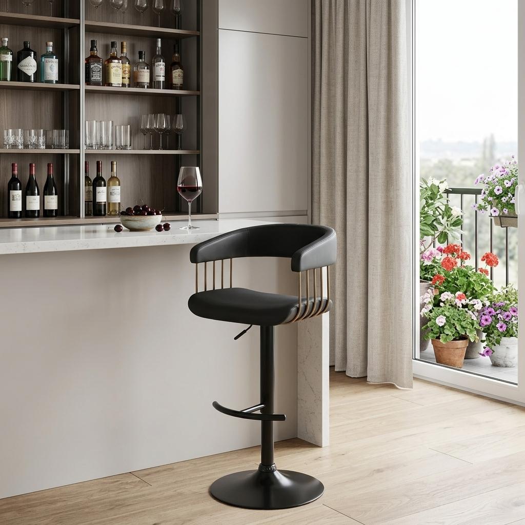 Black Faux Leather And Metal Swivel Adjustable Height Bar Chair
