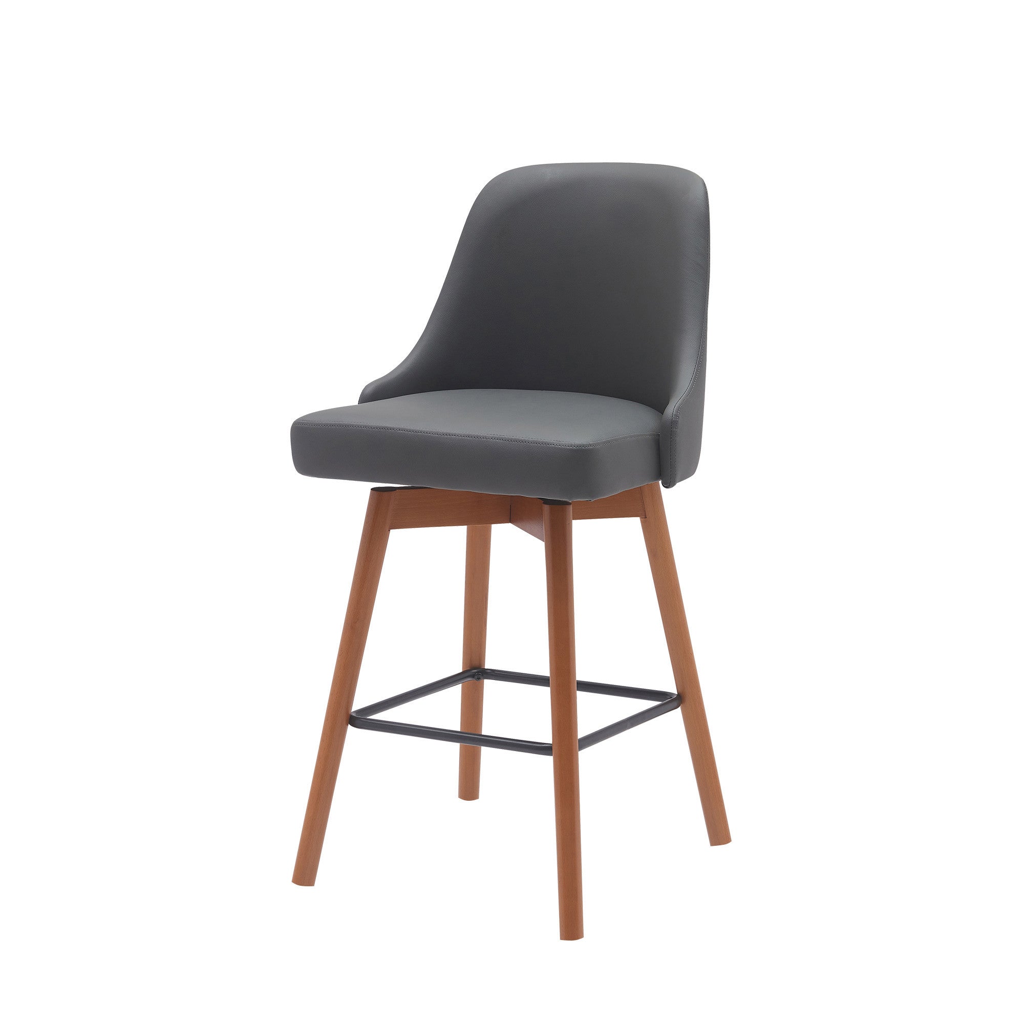 26" Gray and Wood Brown Faux Leather with Solid Wood Swivel Counter Height Bar Chair