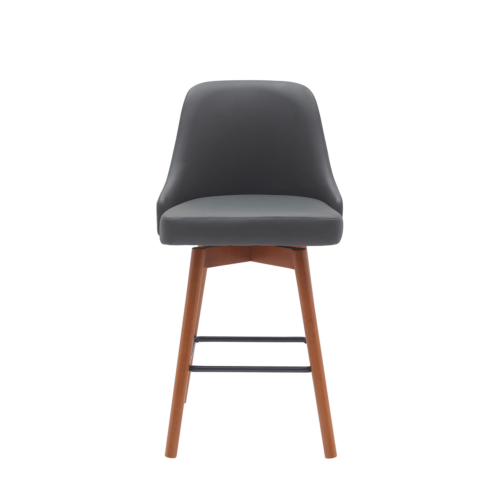 26" Gray and Wood Brown Faux Leather with Solid Wood Swivel Counter Height Bar Chair