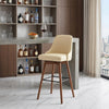 30" Cream and Wood Brown Faux Leather with Solid Wood Swivel Bar Height Bar Chair