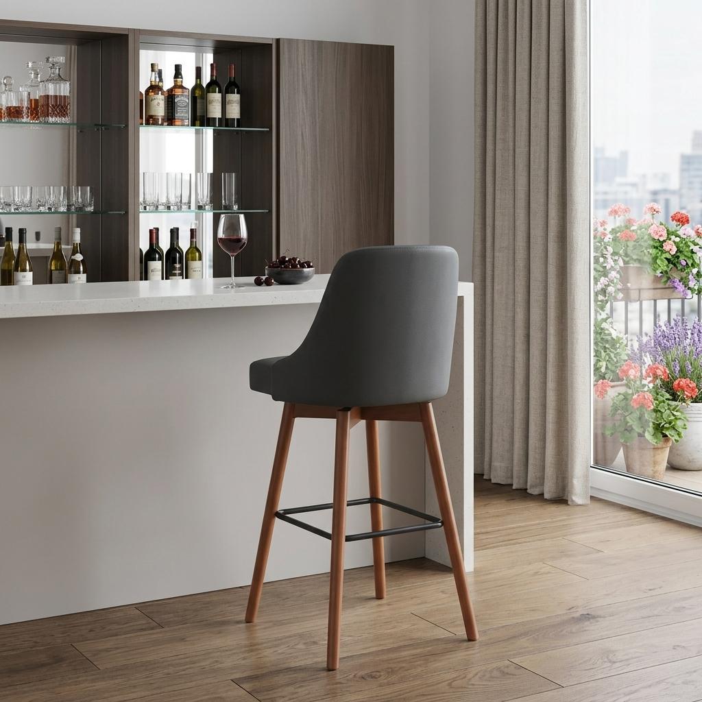 30" Gray and Wood Brown Faux Leather with Solid Wood Swivel Bar Height Bar Chair