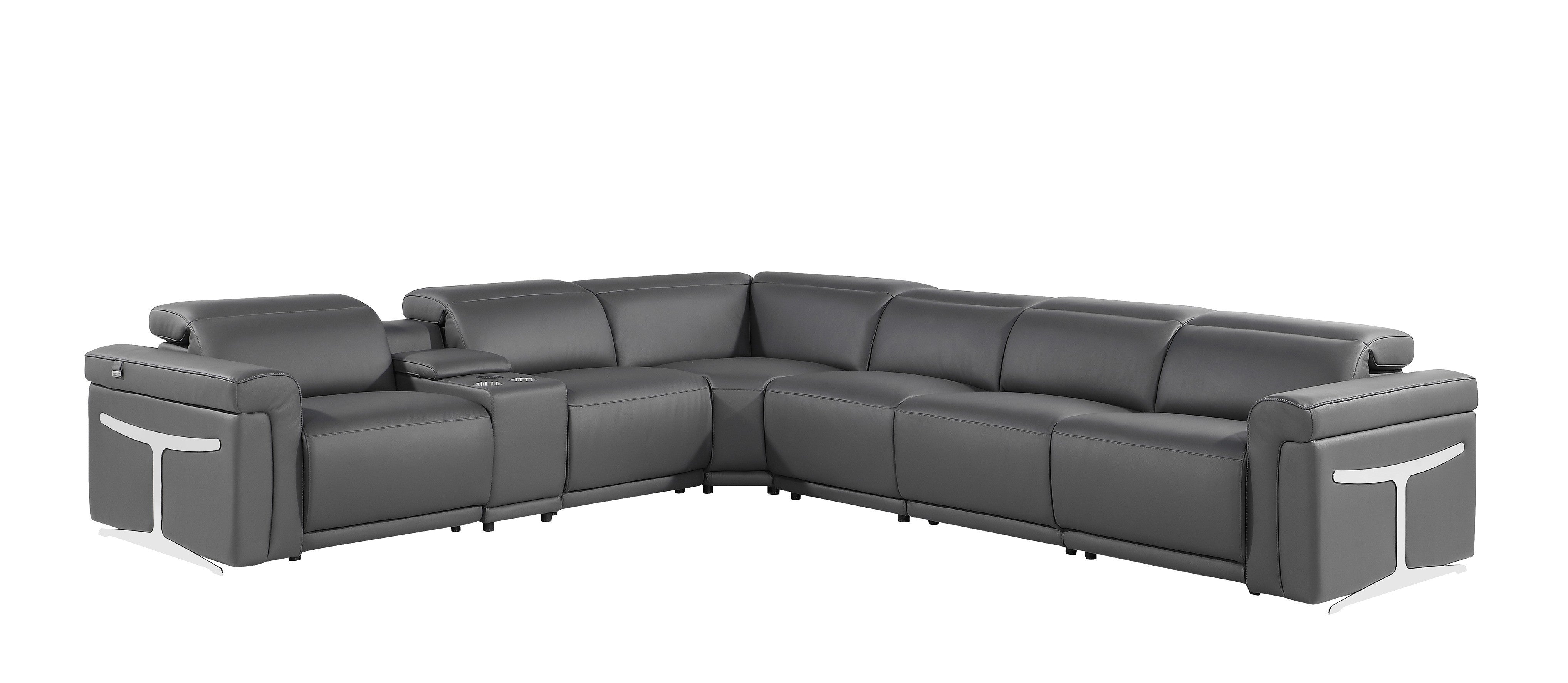 Gray Italian Leather Modular L Shaped Seven Piece Corner Sectional With Console