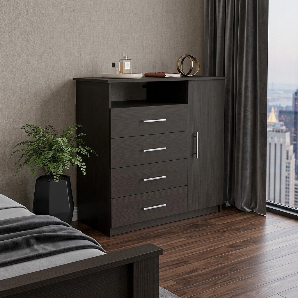 36" Black Wood Four Drawer Dresser
