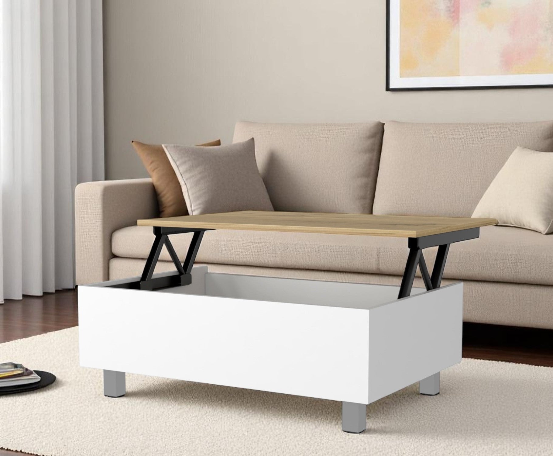 32" White And Oak Brown Wood and Metal Lift Top Coffee Table