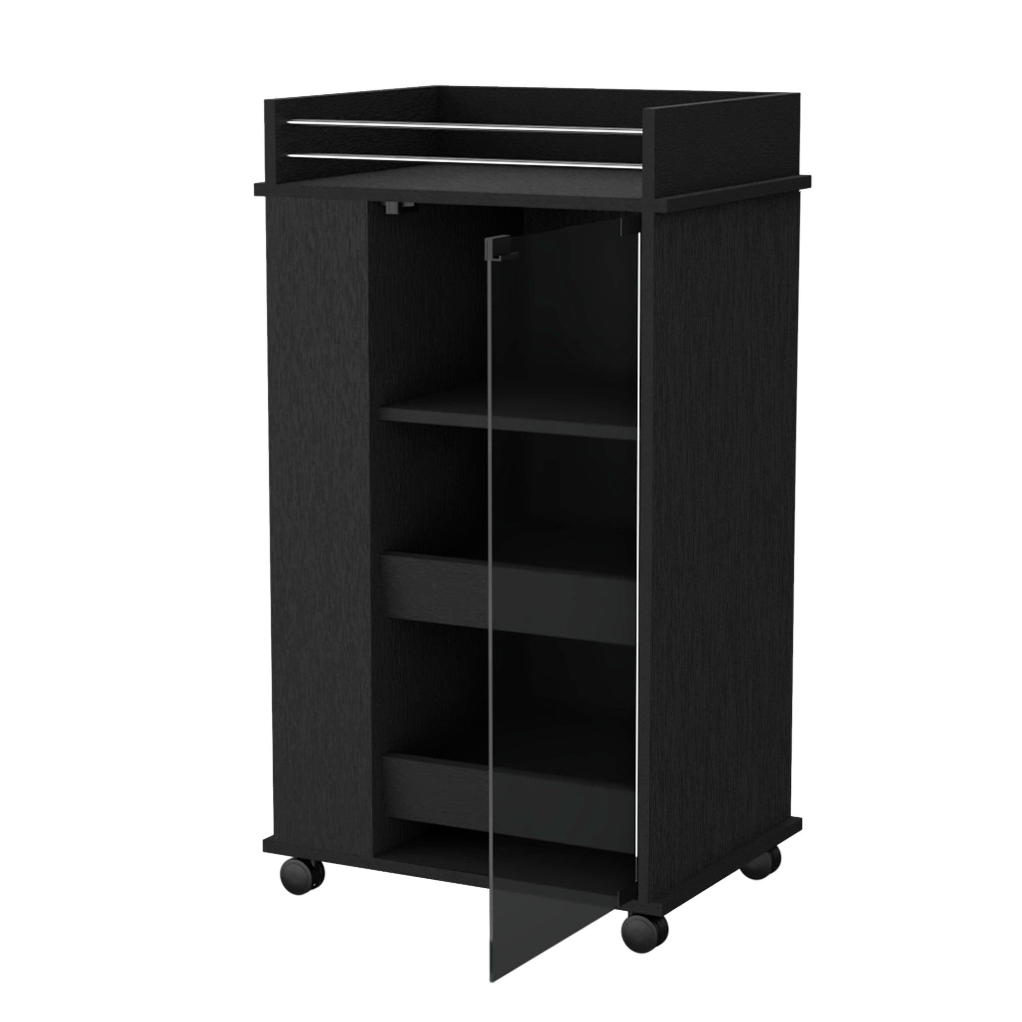 22" Black And Clear Wood And Glass Rolling Bar Cart