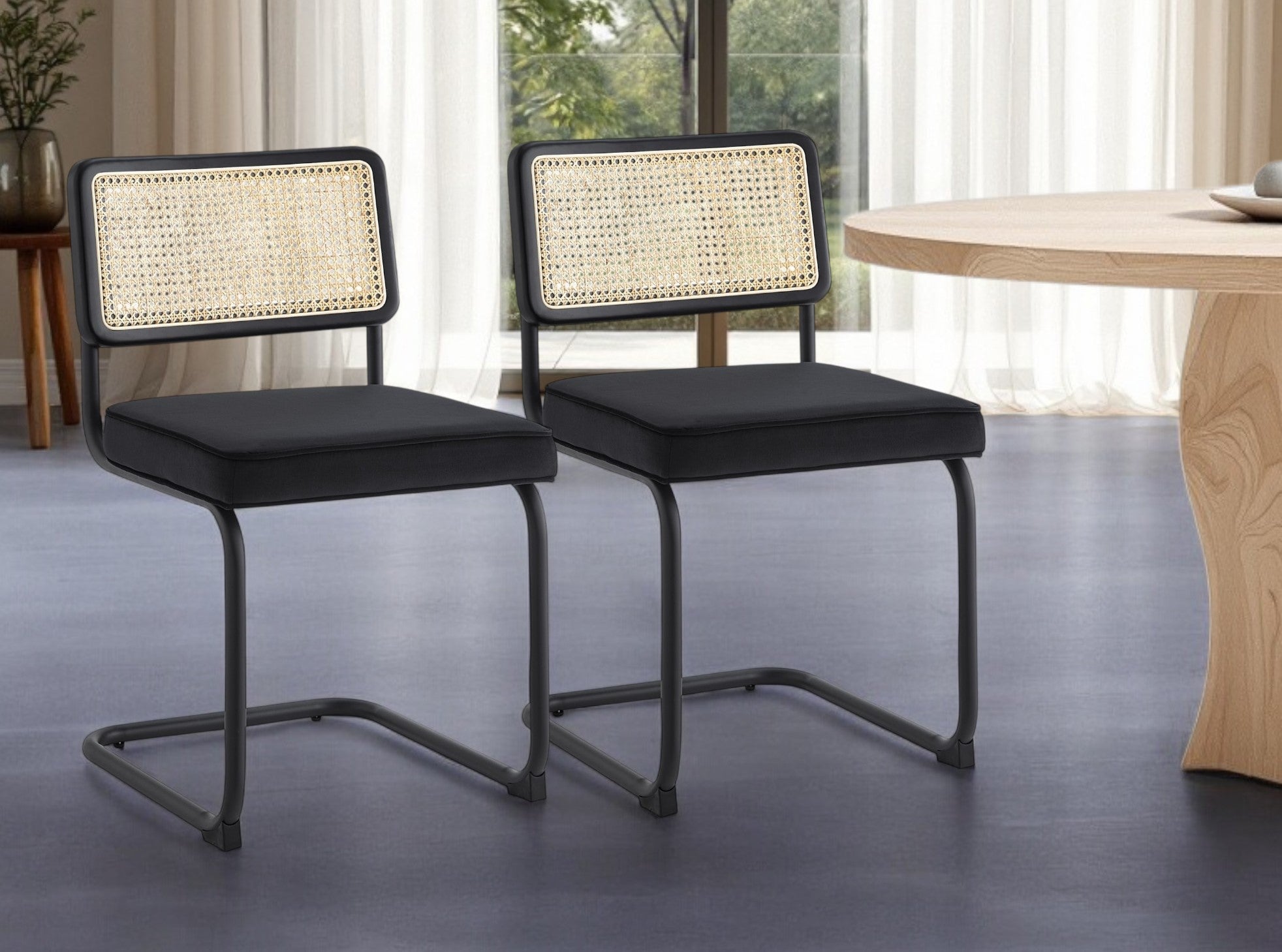 Set of Two Black Upholstered Velvet Dining Side Chairs