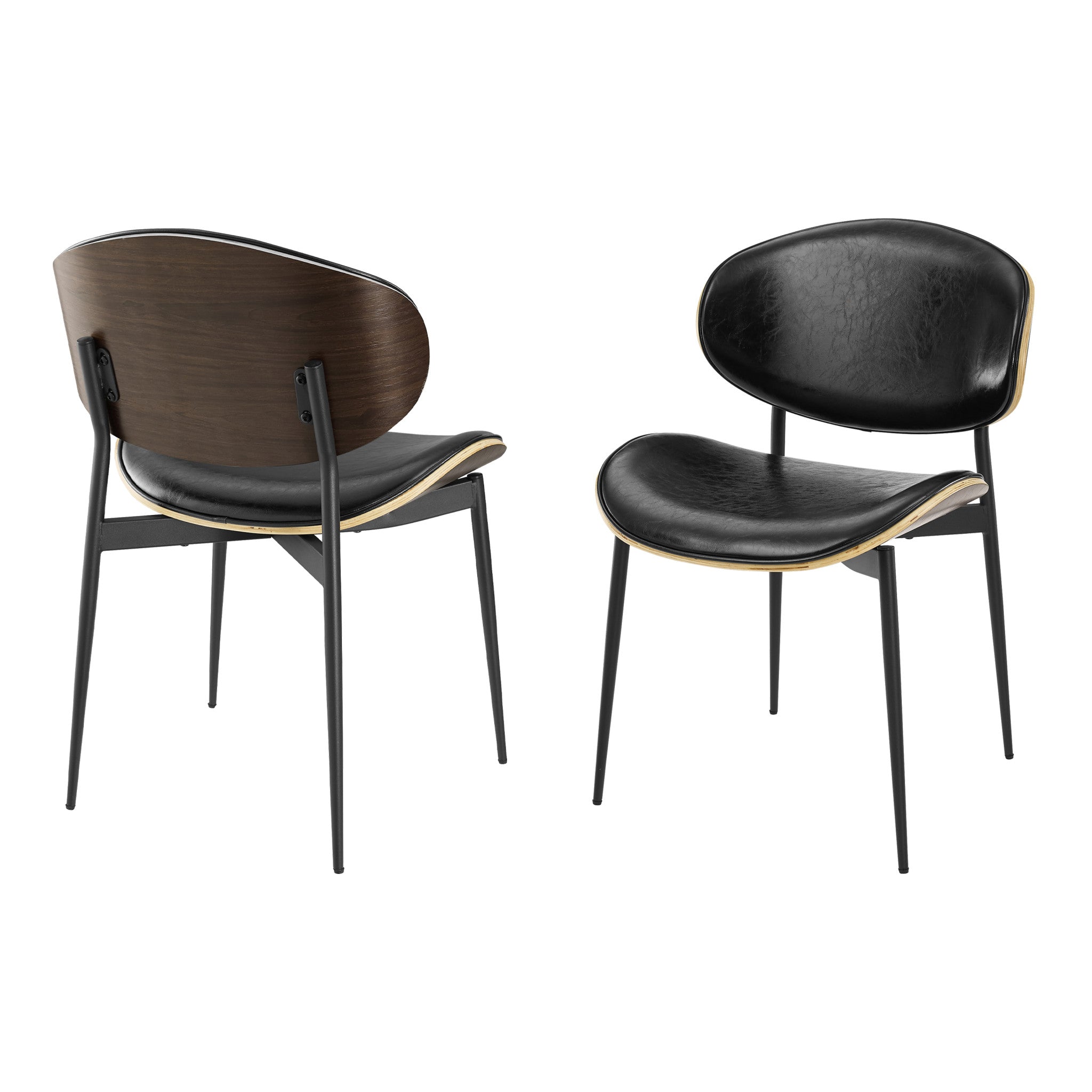 Set of Two Black Faux Leather and Wood Partially Open Back Dining Side Chairs