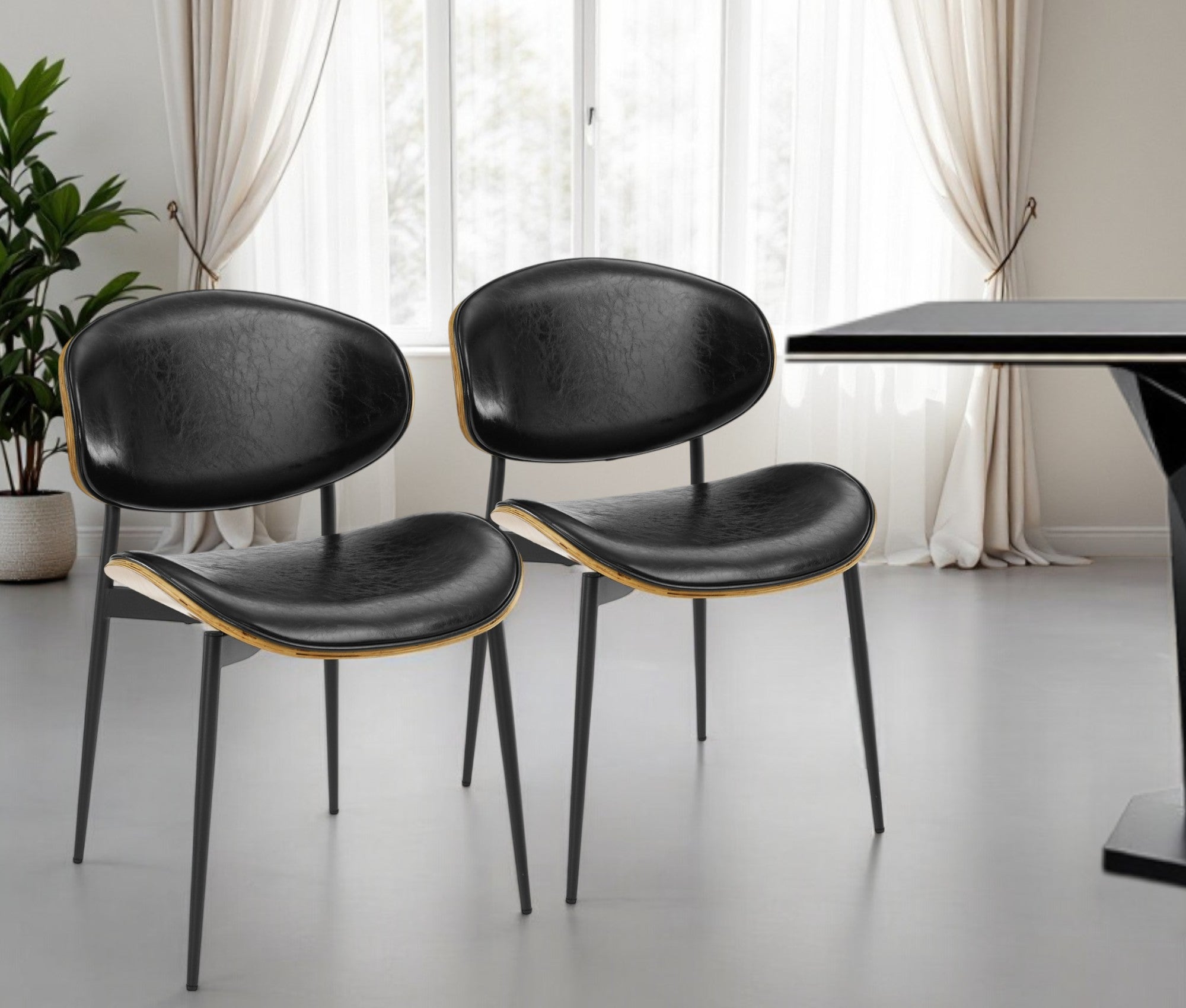 Set of Two Black Faux Leather and Wood Partially Open Back Dining Side Chairs