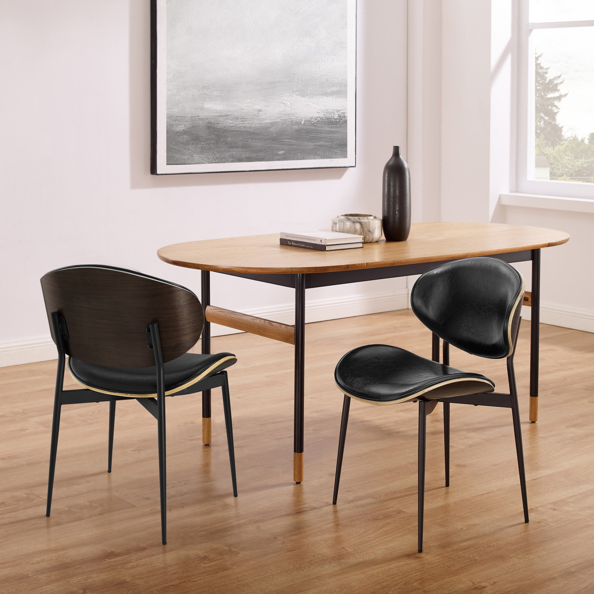 Set of Two Black Faux Leather and Wood Partially Open Back Dining Side Chairs