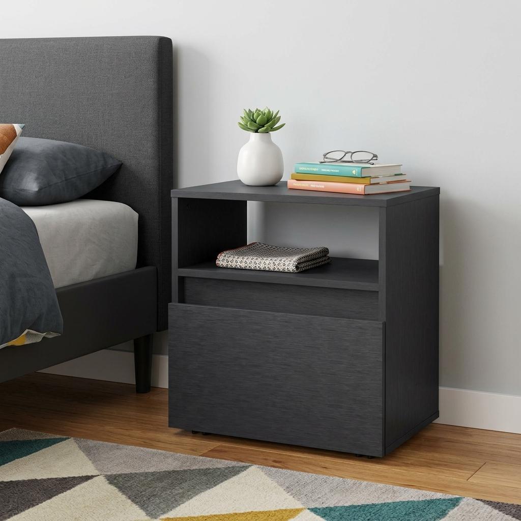 21" Black Wood One Drawer Nightstand