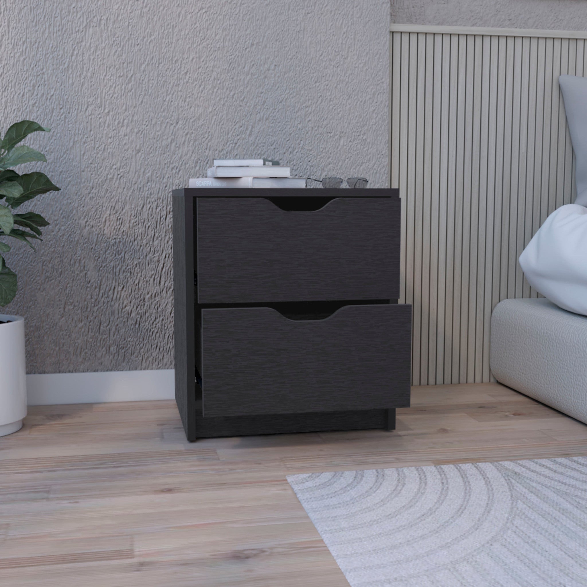 19" Black Wood Two Drawer Nightstand