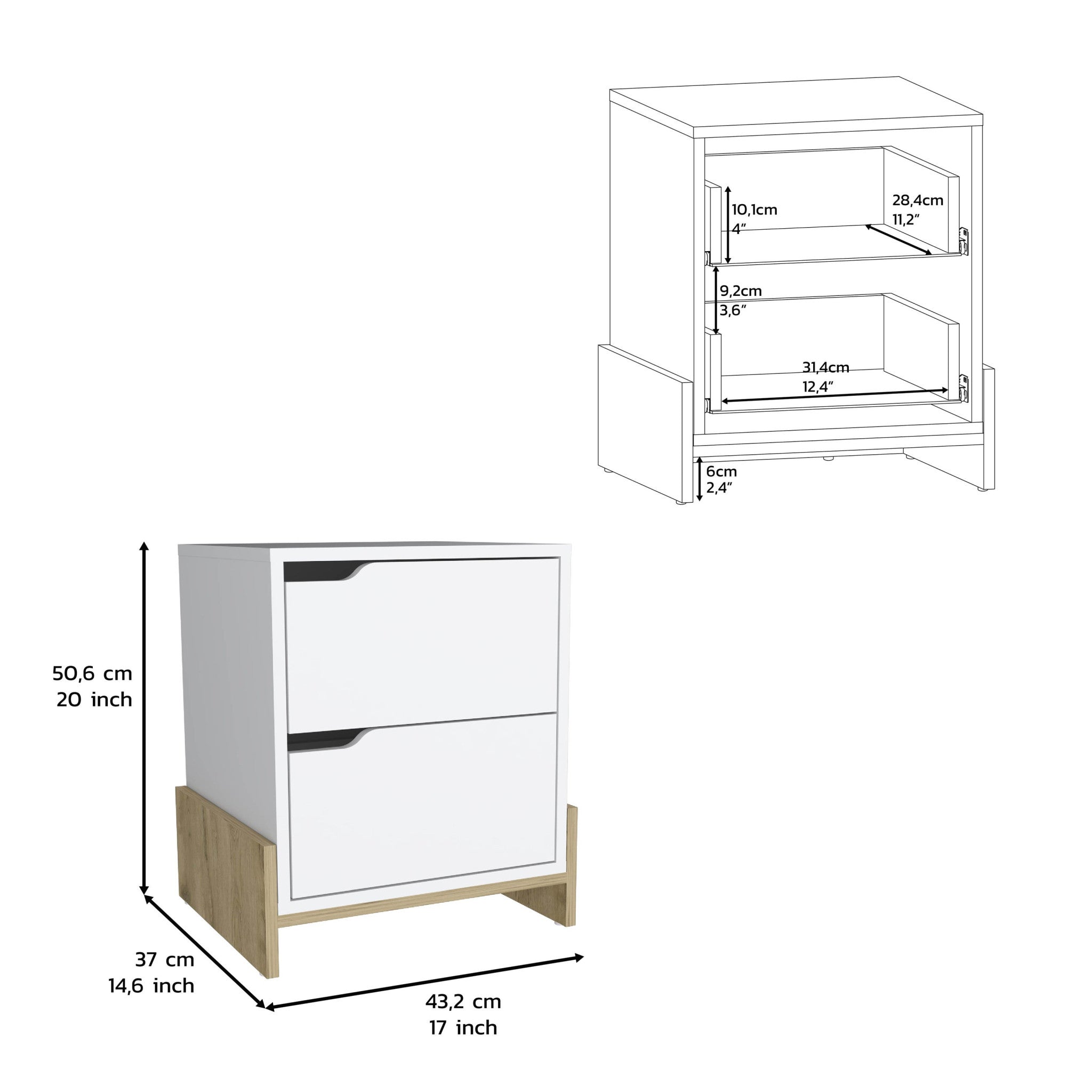 20" White And Natural Wood Two Drawer Nightstand