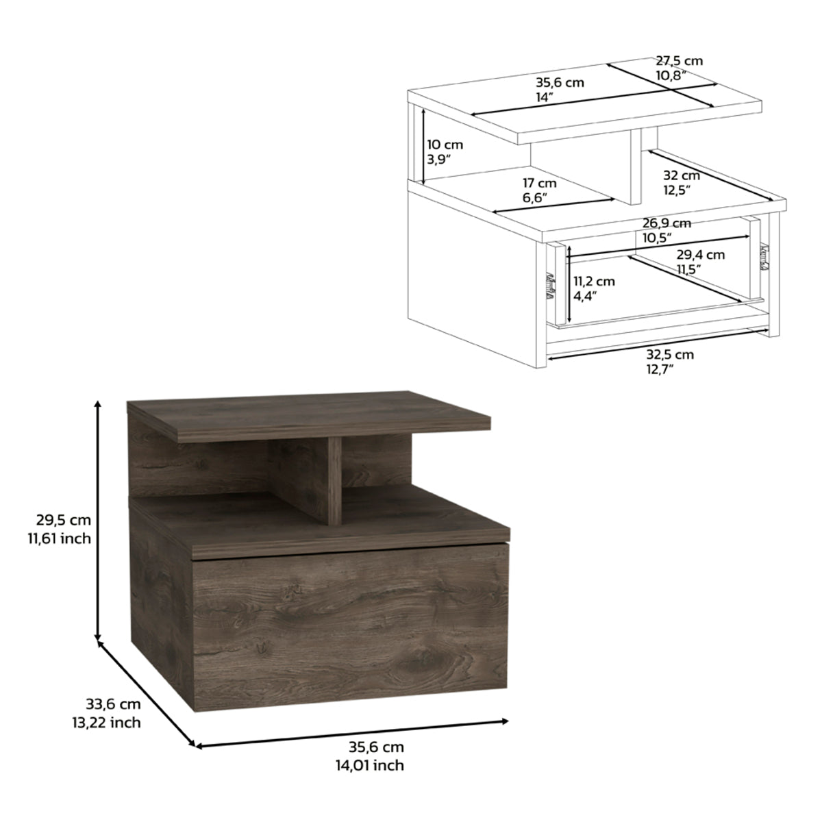 12" Brown Wood One Drawer Floating Nightstand