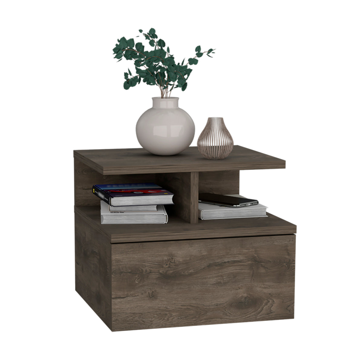 12" Brown Wood One Drawer Floating Nightstand
