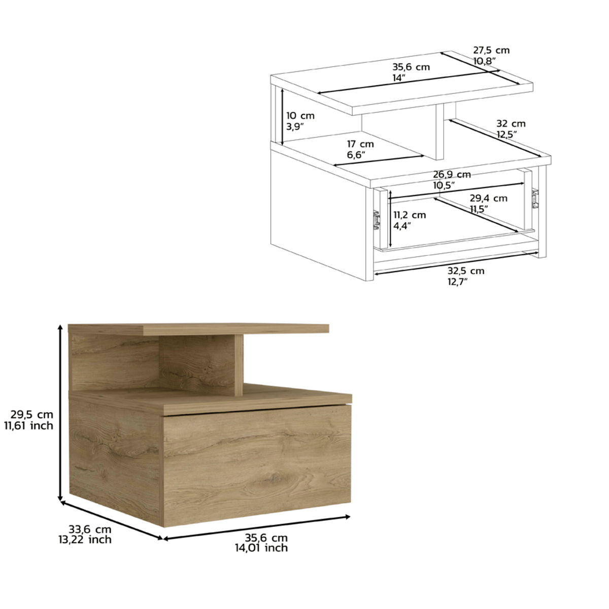 12" Beige Wood One Drawer Floating Nightstand