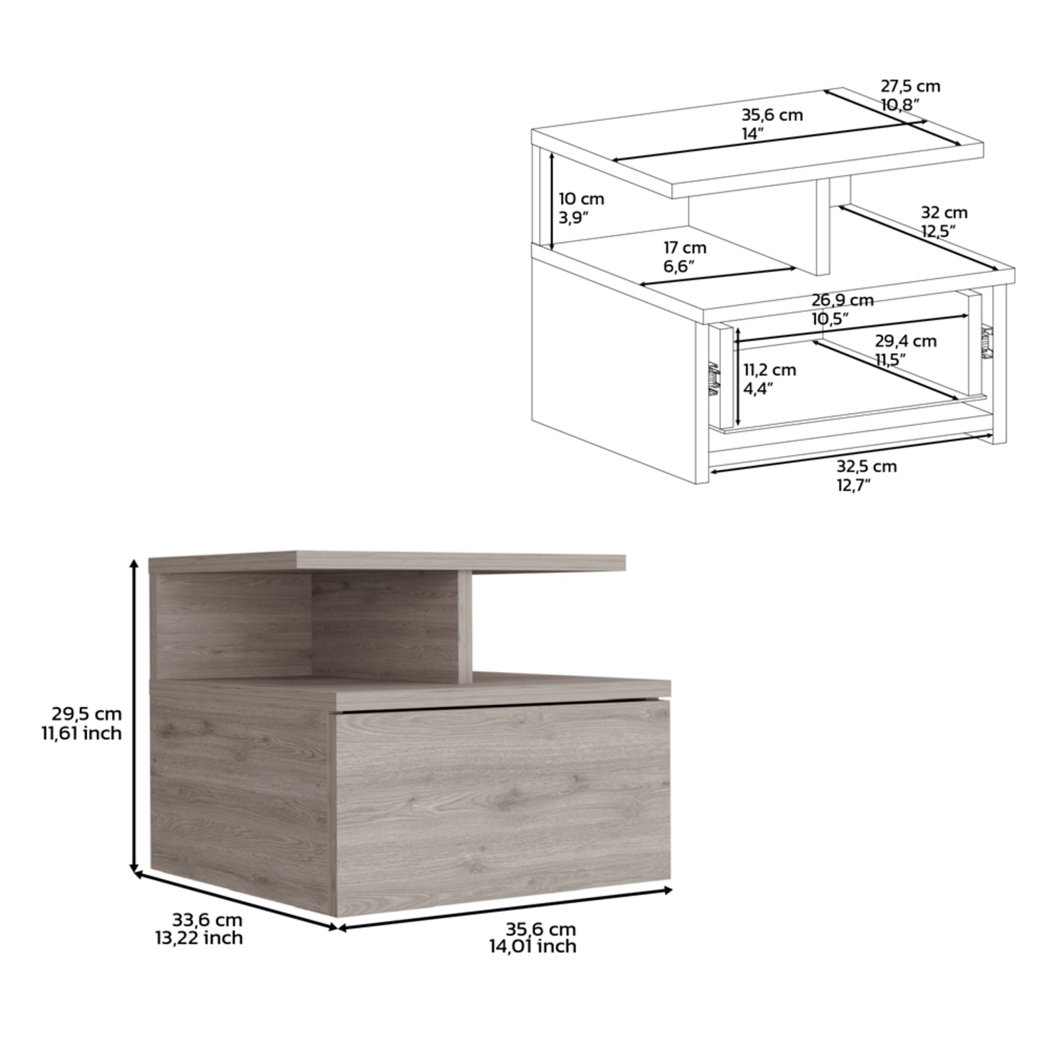 12" Gray Wood One Drawer Floating Nightstand