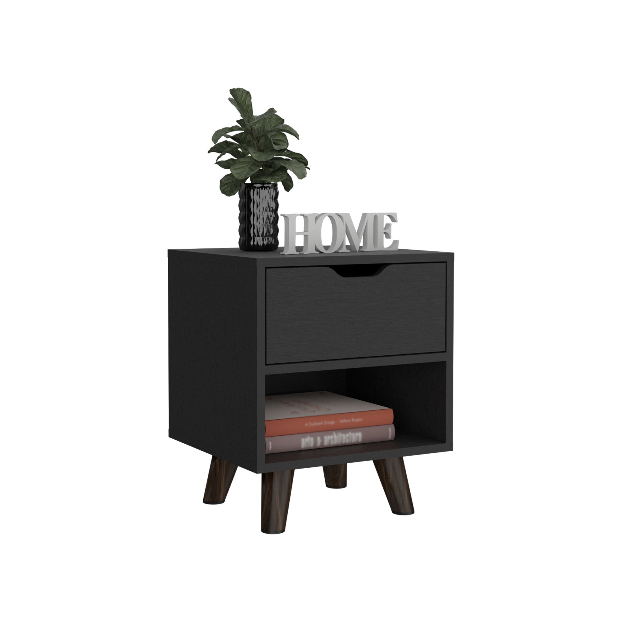 19" Black Wood One Drawer Nightstand