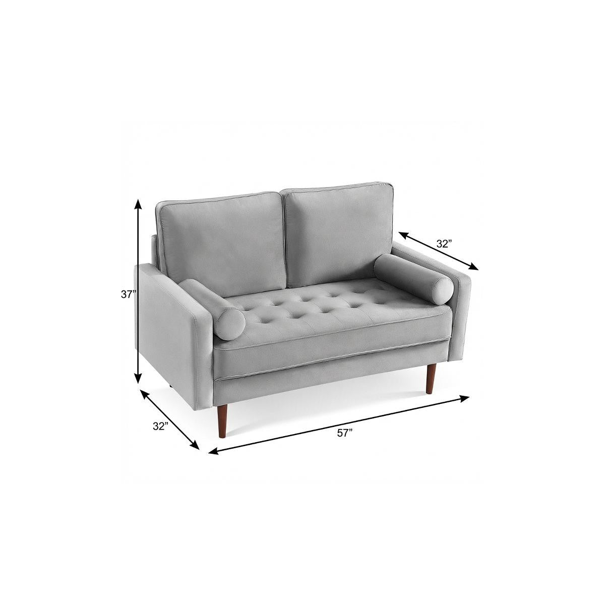 57" Gray And Dark Brown Velvet Loveseat and Toss Pillows