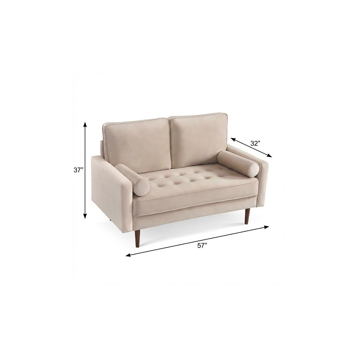 57" Beige And Dark Brown Velvet Loveseat and Toss Pillows